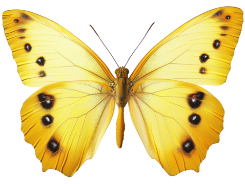 Vibrant yellow butterfly with black spots, showcasing intricate wing patterns and details, symbolizing beauty and nature's artistry, isolated on transparent background, png