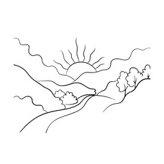 Sunrise Mountain Landscape Drawing, Simple Line Art, Nature Scene