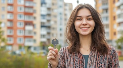 Happy young woman holding a key in front of a residential building smiling broadly