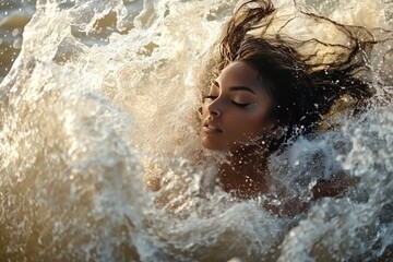Fototapeta premium A water goddess emerging from the ocean waves, her hair flowing like liquid silver