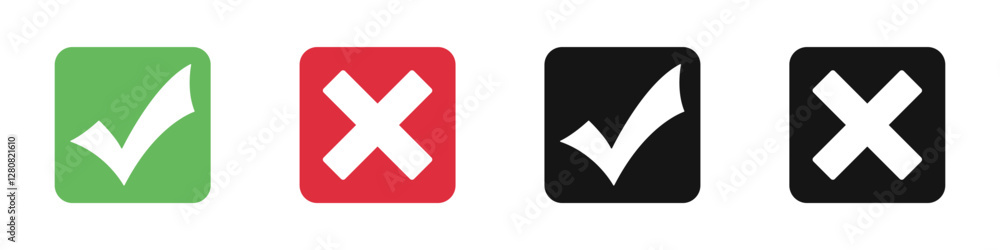 Poster checkmark and x mark icon, buttons for apps and websites. green check mark, red cross mark icon set.