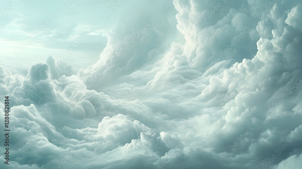 Poster scenic cloudscape featuring soft fluffy clouds in a blue sky, creating a serene and dreamy atmospher