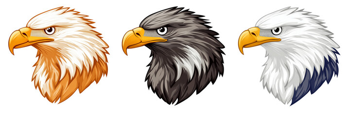 Obraz premium Eagle Head Illustrations in Three Distinct Color Variations: Orange, Black, and White with Detailed Feather Textures, isolated on transparent background, png