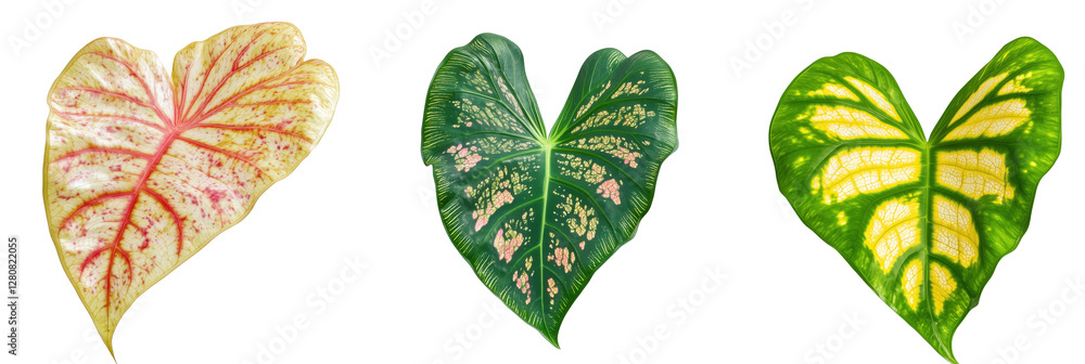 Poster colorful caladium leaves displaying unique patterns and textures, featuring varieties with pink, gre