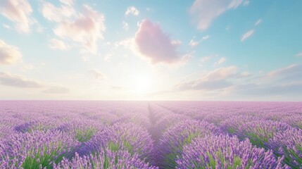 Obraz premium Expansive lavender field under a bright sky with fluffy clouds during sunset, serene and tranquil