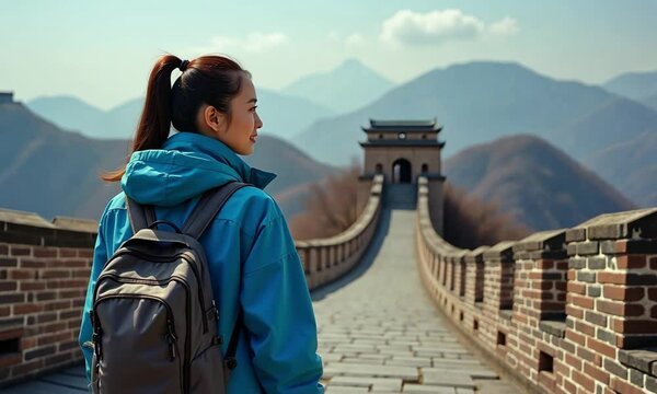 Woman Exploring the Majestic Great Wall of China