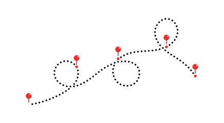 Dotted line path with location map pins. Line path with pointers. Dotted pathway. Airplane routes set.  Routes set. Travel navigation. Travel route.