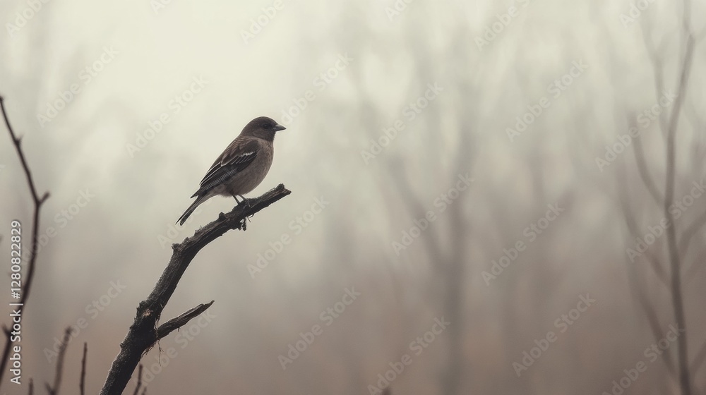 Poster Lone bird on a dead tree branch against a foggy background providing ample space for text. Generative AI