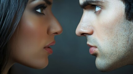 Fototapeta premium Dramatic portrait of a couple in emotional conflict, with worried expressions and tense body language, set against a dark moody background, emphasizing relationship struggles.