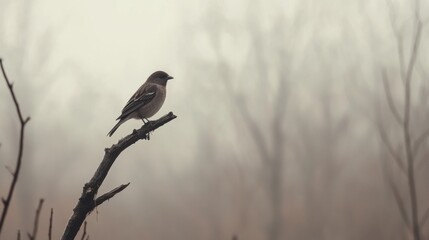 Fototapeta premium Lone bird on a dead tree branch against a foggy background providing ample space for text. Generative AI