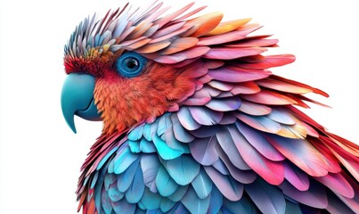 Obraz premium Colorful parrot with vibrant feathers perched against a white background, showcasing its beauty