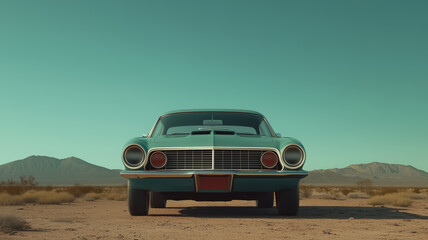 Vintage Car in Desert: A classic turquoise car stands boldly in the vastness of the desert, the arid landscape under a bright, clear sky creating a sense of freedom and adventure. 