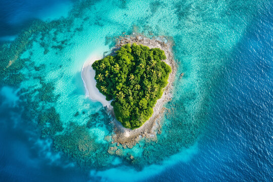 Stunning panorama of a hidden tropical island, embraced by pristine, crystal-clear waters, highlights the vibrant, lush greenery of the landscape