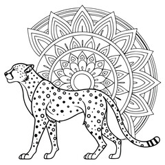 Cheetah Mandala Coloring Page: Intricate Animal Design for Adults, Detailed Line Art, Printable Cheetah Illustration, Relaxing Coloring Activity