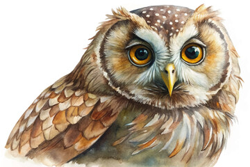 Realistic watercolor owl, vibrant feathers, detailed eyes, nature illustration, wildlife art, educational purpose.