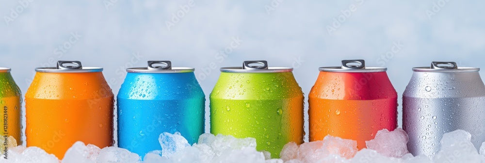 Poster a row of cans of soda are lined up on a table with ice. the cans are of different colors, including 