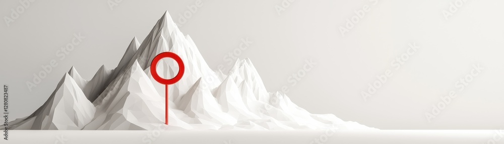 Poster abstract representation of white mountains with red location icon on simple background