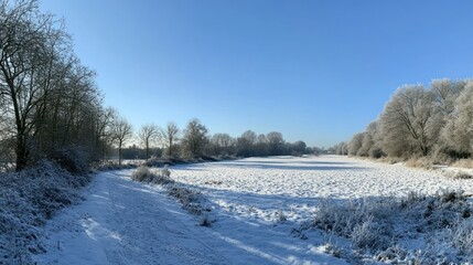 Obraz premium Frost-covered river landscape under a clear blue sky with trees lining the banks