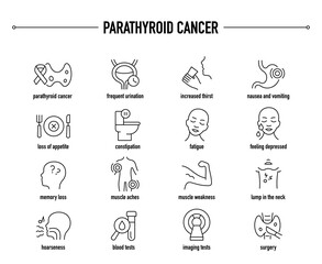 Parathyroid Cancer symptoms, diagnostic and treatment vector icon set. Line editable medical icons.