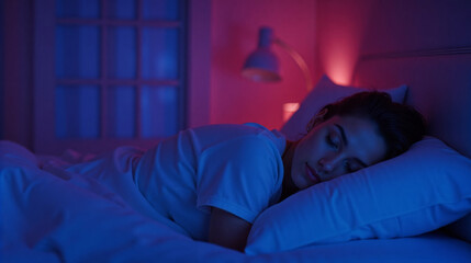 Woman with light skin and brown hair enjoying healthy sleep in bed, wearing white shirt, illuminated by soft blue and pink ambient lighting. Feeling relaxed well-rested in peaceful atmosphere.
