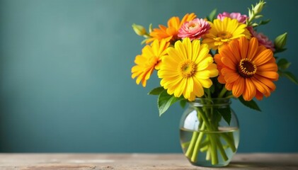Fototapeta premium Yellow zinnia flowers in a vase with other flowers, fresh, arrangement