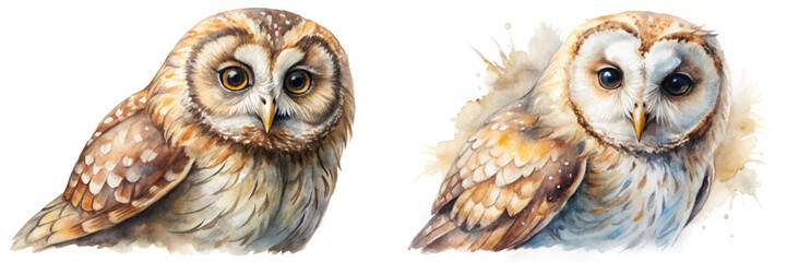 Realistic watercolor owls, detailed feathers, natural colors, wildlife illustration, artistic design, nature-inspired decor.