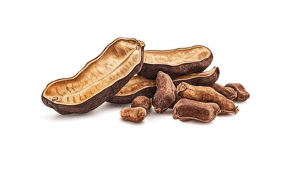 Dried tamarind pods and seeds arranged on a white background, showcasing natural textures