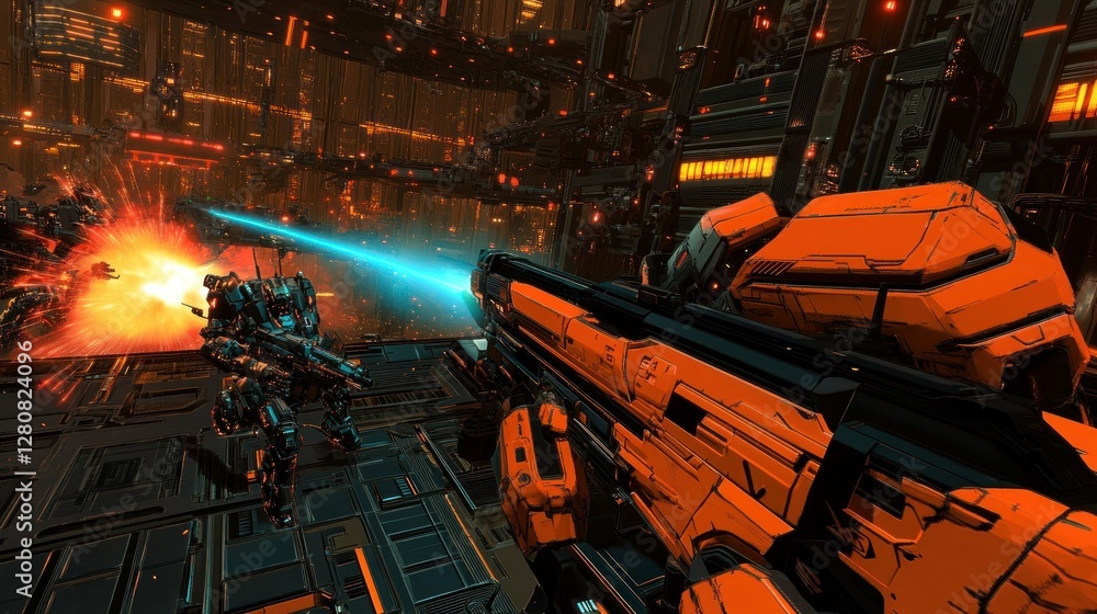 Poster futuristic battle scene with armored robots firing lasers in a vibrant sci-fi environment