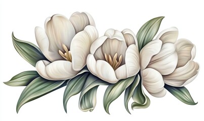 Obraz premium Elegant arrangement of white tulips with lush green leaves on a clean background, ideal for decor