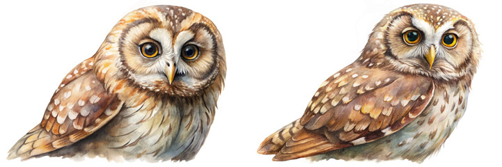 Realistic watercolor owls, detailed feathers, expressive eyes, nature illustration, wildlife art, educational purpose.