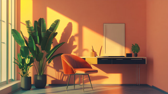 home office with a stylish chair, desk organizer, and indoor plants 