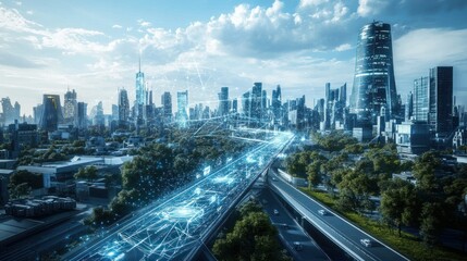 Futuristic city skyline with digital overlays, showcasing advanced transportation and greenery