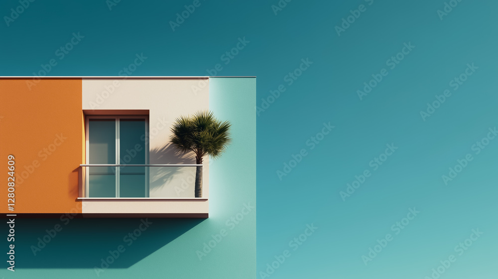 Poster architectural oasis: a modern balcony with minimalist design featuring bold color blocks and a singl
