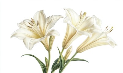 Obraz premium Elegant white lilies in full bloom, showcasing delicate petals and vibrant green leaves against a soft background