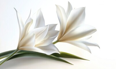 Elegant white lilies gracefully arranged with delicate green leaves on a soft, blurred background