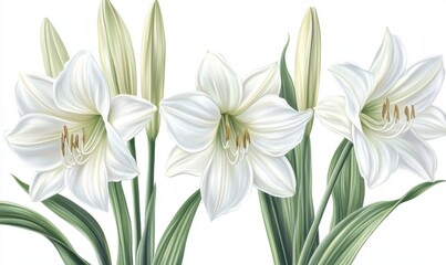 Fototapeta premium Elegant white lilies in full bloom with lush green leaves, set against a soft white background