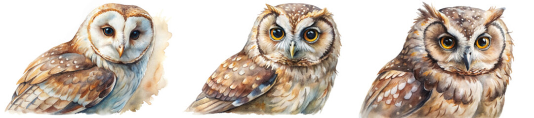 Realistic watercolor owls, detailed bird illustrations, natural wildlife art, stunning animal portraits, vibrant colors, artistic style.