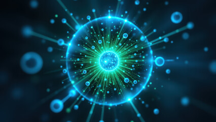 Obraz premium Image shows a molecule model with a glowing core, representing Semaglutide, set against a cosmic backdrop of stars and nebulae.