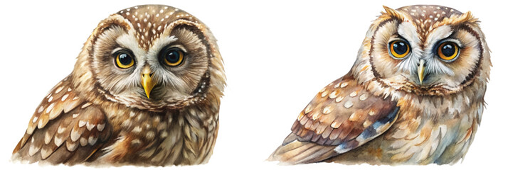Realistic watercolor owls, detailed feathers, nature illustration, wildlife art, perfect for decor.
