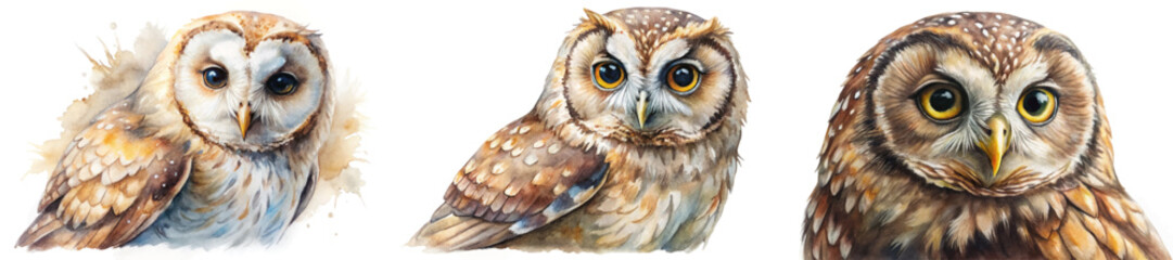Realistic watercolor owls, detailed feathers, nature art, wildlife illustration, vibrant colors, animal portrait, artistic style.