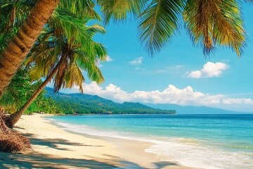 Beautiful beach. View of nice tropical beach with palms around. Holiday and vacation concept. Tropical beach.