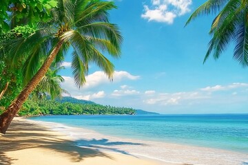 Obraz premium Beautiful beach. View of nice tropical beach with palms around. Holiday and vacation concept. Tropical beach.