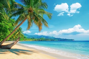 Fototapeta premium Beautiful beach. View of nice tropical beach with palms around. Holiday and vacation concept. Tropical beach.