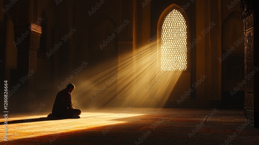 Aufkleber a man kneels in prayer, his back turned to the viewer, as sunlight pours through an intricately desi