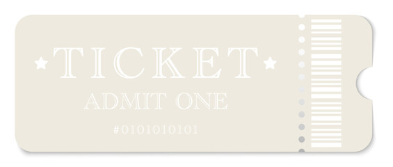 Ticket. Admit one. Ticket for concert, boarding, lottery, movie. Admit coupon