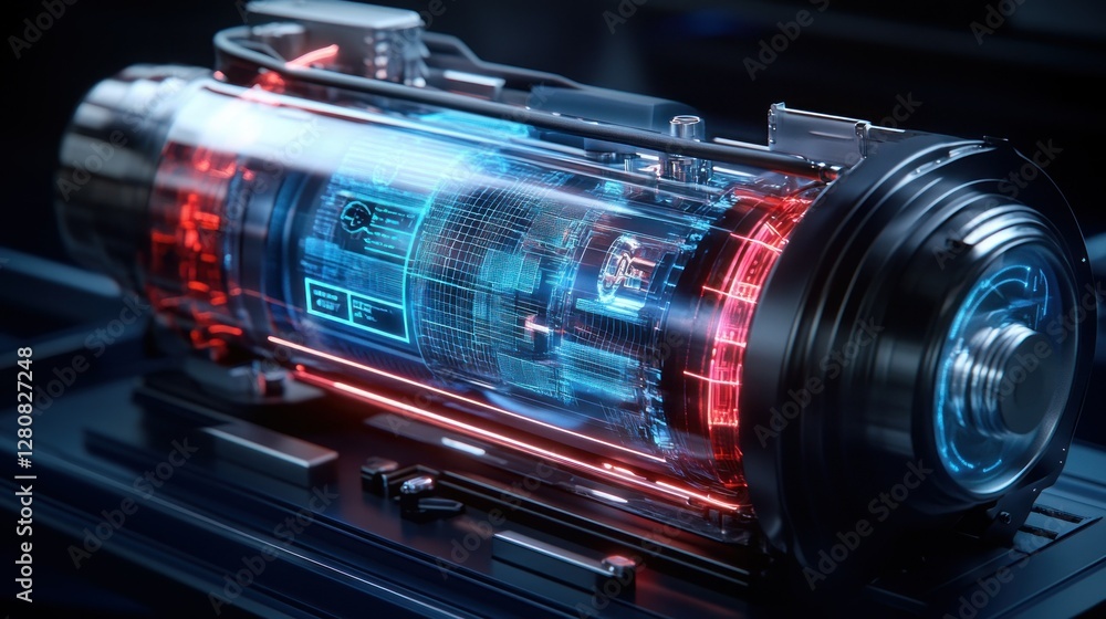 Poster futuristic energy core with glowing elements, displayed on a sleek surface in a high-tech lab settin