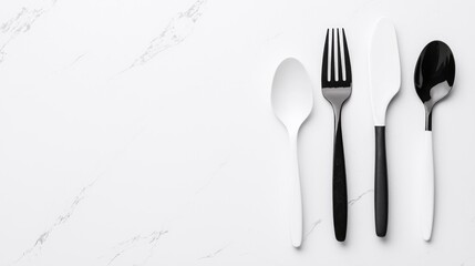 Modern cutlery on marble, food prep,  restaurant background, menu design