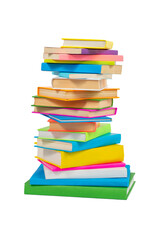 Books in multi-colored covers on an isolated background. Literature for children. Collection in the...