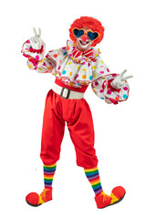 Funny clown with heart shaped glasses, man entertainer as Joker in a suit and wig, with clown...