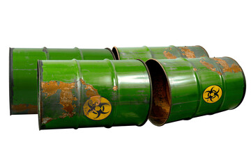 Barrel with toxic waste. Biohazard warning sign. Rusty dangerous barrel with pathogens, or other toxins on isolated background
